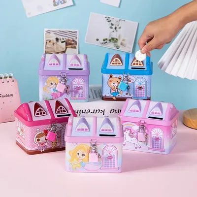 Kleines Einhorn-Sparschwein aus Weißblech für Jungen und Mädchen, Cartoon-Sparschwein für Kinder, Aufbewahrungsbox für Münzen mit Schloss Image