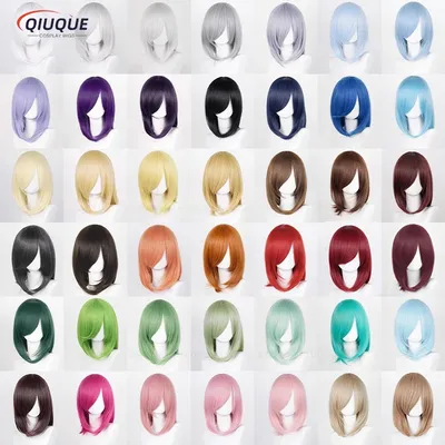54 Farben 40 cm Cosplay Perücke Medium Basic Pony Schwarz Weiß Rot Rosa Grün Braun Gold Blau Hitzebeständiges Haar Anime Perücken + WigCap Image