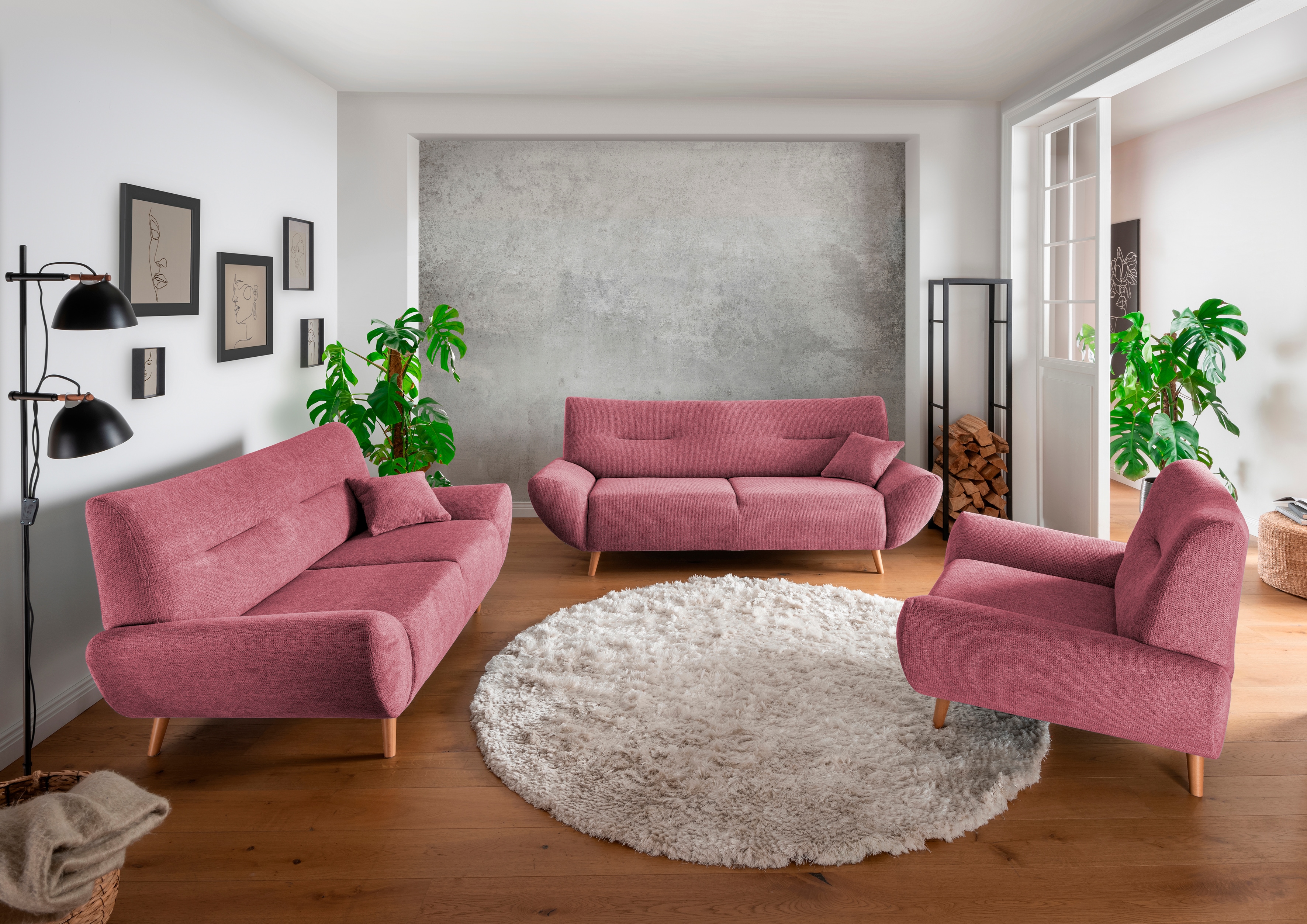 Polstergarnitur HOME AFFAIRE "Drago elegant und zeitlos, komfortabel, moderne Formensprache", schwarz (brombeere,), H:81cm T:90cm, 100% Polyester, Sitzmöbel-Sets, Set 3-2-1, bequem, verschiedene Bezüge, inkl. 2 Zierkissen