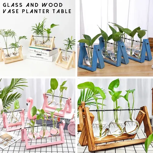 Glas und Holz Vase Pflanzer Tabelle Desktop Hydrokultur Pflanze Bonsai Blumentopf Hängen Töpfe mit