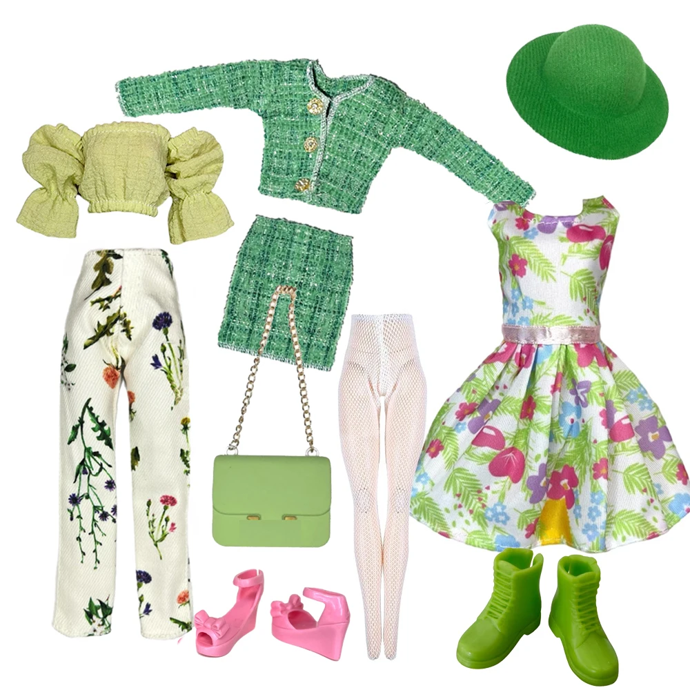 Elegantes Puppen-Outfit für 1/6 Puppen, Modepuppe, rosa Hahnentritt-Kleid, Hut, goldener Gürtel, Handtasche mit Schuh-Set