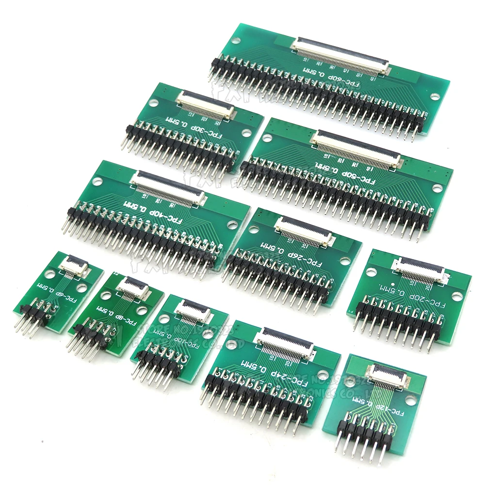 FPC FFC-Adapterplatine 0,5 mm 1,0 mm auf 2,54 mm Stecker gerade Nadel und gebogener Stift 6 8 10 12 20 24 26 30 34 40 50 60 80 Pin Image