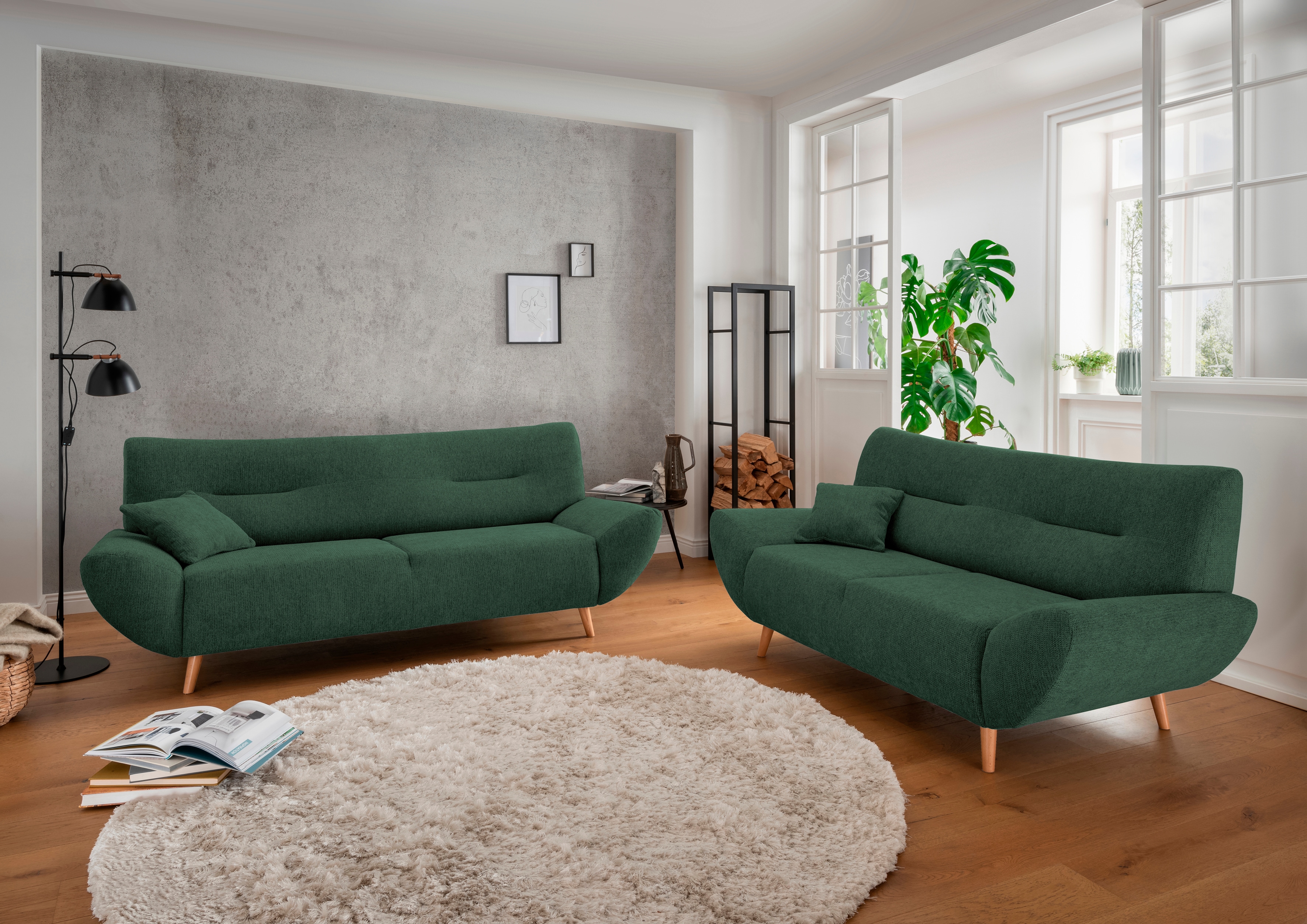 Polstergarnitur INOSIGN "Drago, modern und zeitlos, aktuelle Formensprache, komfortabel", grün (moosgrün,), H:81cm T:90cm, 100% Polyester, Sitzmöbel-Sets, als Sessel/Polsterecke erhältlich, versch. Stoffe, inkl. 2 Zierkissen