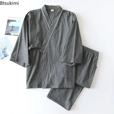 Neue 2025 männer Solide Japanische Kimono Pyjamas Casual Nachtwäsche Männlich Spitze-Up Top und Hosen Sets Weiche Zwei-stück Homewear Anzug Männlich Image