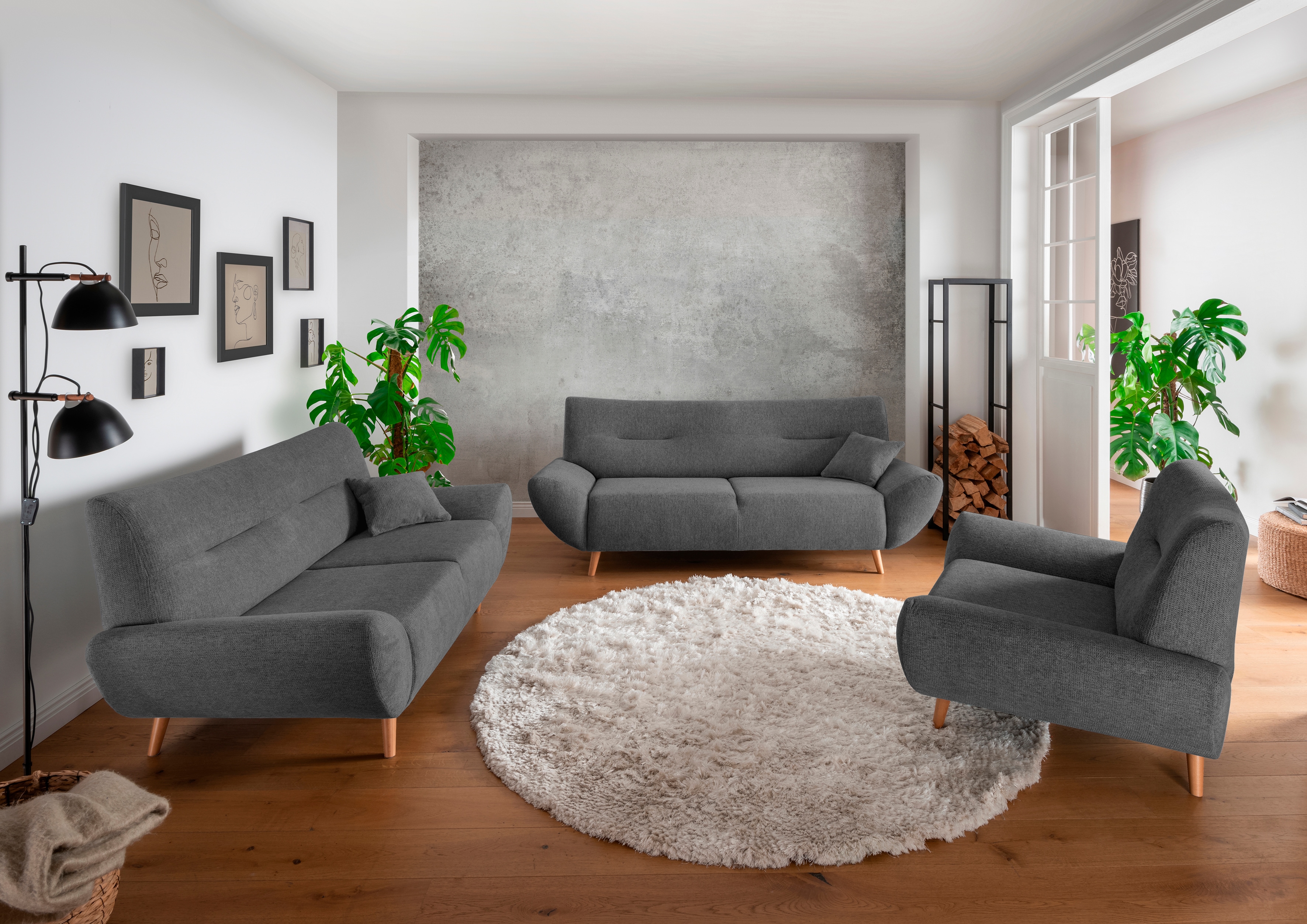 Polstergarnitur INOSIGN "Drago elegant und zeitlos, komfortabel, moderne Formensprache", grau (anthrazit,), H:81cm T:90cm, 100% Polyester, Sitzmöbel-Sets, Set 3-2-1, bequem, verschiedene Stoffe, inkl. 2 Zierkissen