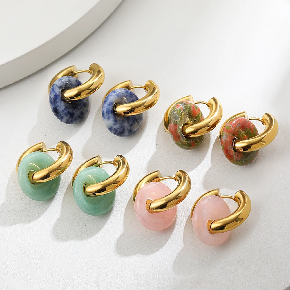 Böhmische Mehrfarbige Naturstein Chunky Kreolen für Damen, Rosa Kristall Goldfarben Piercing Ohrschmuck, Punk-Schmuck