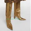 Dame metallic goldene design knie stiefel spitz geformt ferse stiefel gold farbe PU schuhe größe 46 T ZEIGEN kleid täglichen stiefel
