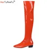 Frauen Über das Knie Stiefel Breite Kalb Größe 34 ~ 48 Candy Farbe Chunky Low Ferse Spitze Zehen Patent Leder komfortable Boot Zip Schuhe