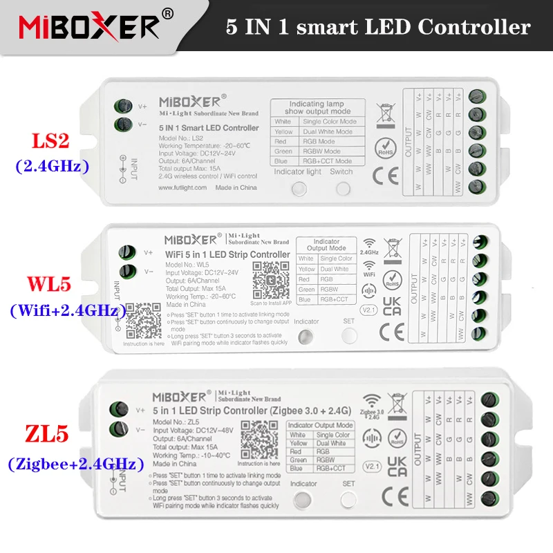 Miboxer 5-in-1-LED-Controller LS2 2,4 G/ ZL5 Zigbee + 2,4 G / WL5 WLAN + 2,4 G 12–24 V Alexa/Google Assistant/Sprachsteuerung 15 A Image