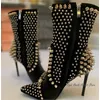 Schwarz Nieten Luxus Stiefeletten Frauen Sexy Volle Stud High Heels Leder Sexy Booties Designer Party Bühne Kleid Schuhe