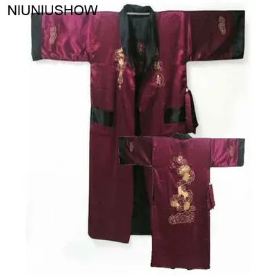 Burgund Schwarz Reversible Chinesischen männer Silk Satin Zwei-gesicht Robe Stickerei Kimono Kleid Image