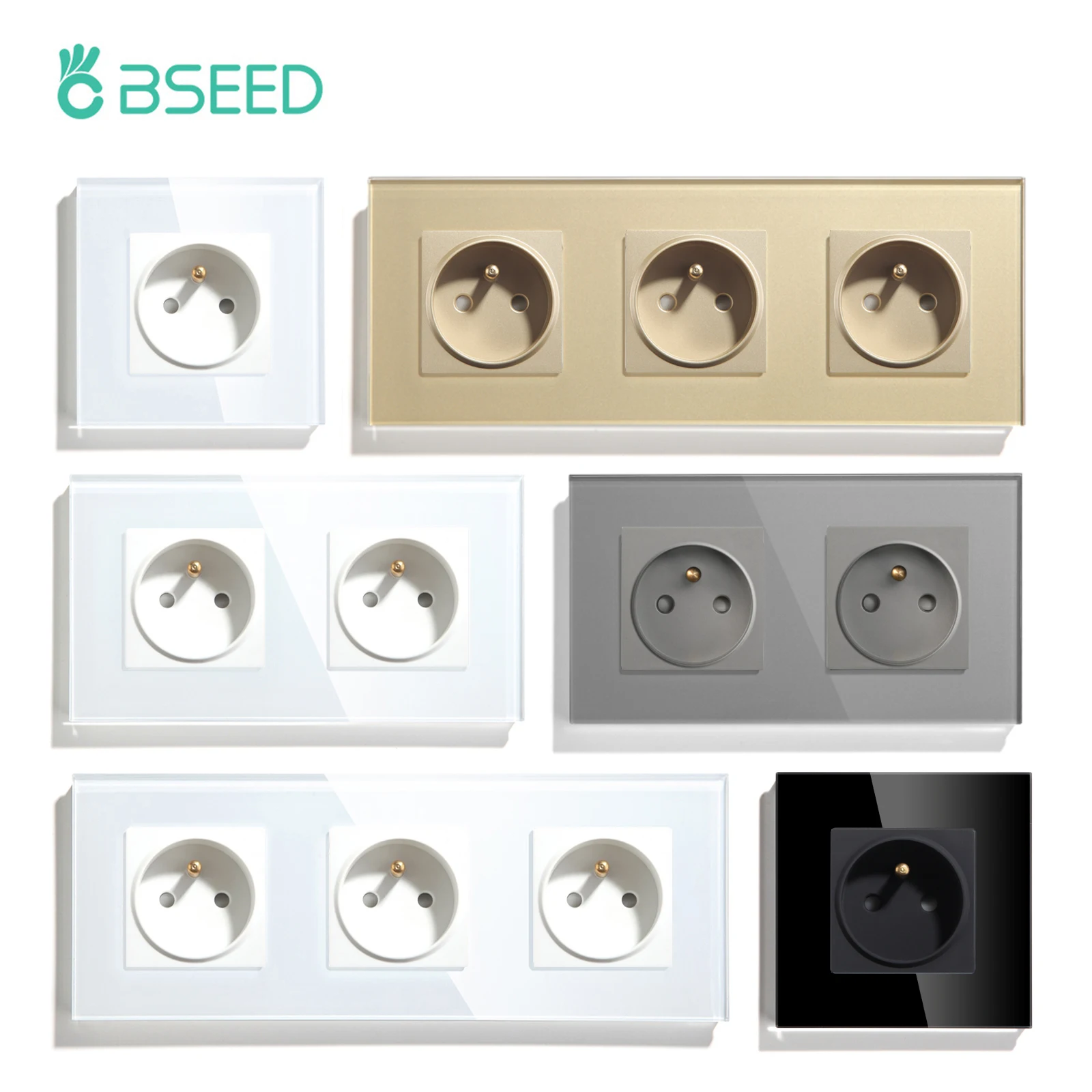 BSEED Frankreich Standard einwandige französische Steckdose Doppel-Netzstecker mit weiß-schwarzem Gloden-Kristallglasscheibe 16 A 110 V-250 V Image