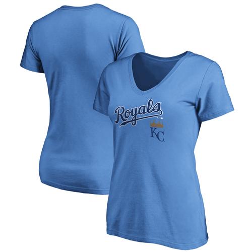 Hellblaues Kansas City Royals Team Logo Lockup T-Shirt mit V-Ausschnitt für Damen