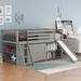 Twin Size Low Loft Bed with Slide & 3 Drawers, Loft Bed with Attached Bookcases & Angled Convertible Ladder, Grey