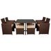 Bornmio 9 Pieces Wood Grain PE Wicker Rattan Dining Ottoman with Tempered Glass Table Patio Furniture Set