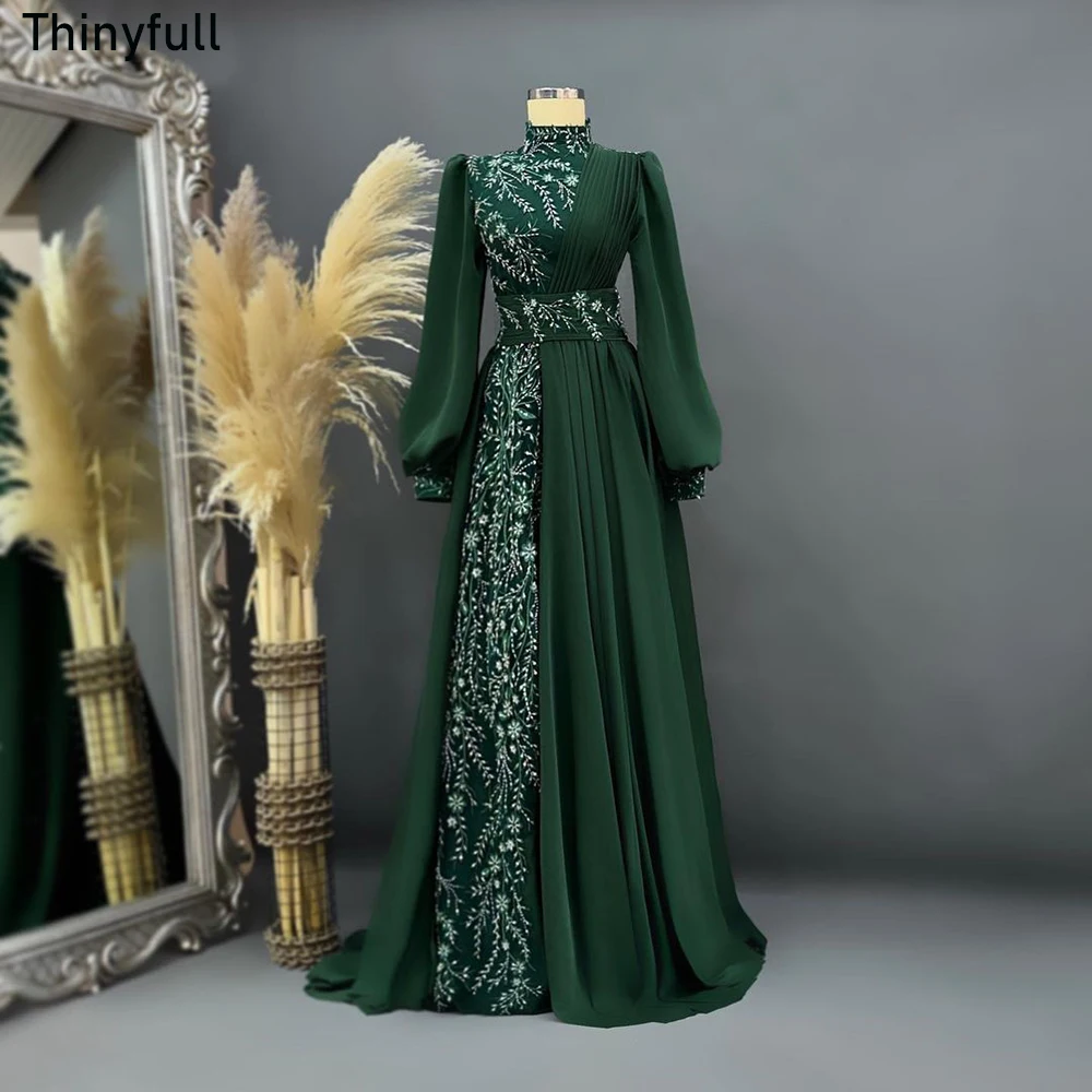 Thinyfull A-line Arabic Muslim Evening Dresses Long Sleeves High Neck Appliques Prom Dress Chiffon Customized Formal Event Gown