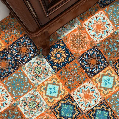 10 stücke Orange Floral Muster Fliesen Aufkleber Wasserdicht Film Für Fliesen/Boden in Küche Schlafzimmer Wc Boden Decor Kunst tapete Image
