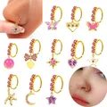 Nose Piercing Jewelry pink color butterfly Nose rings for Women Stainless Steel nose hoop dangling