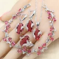 Silver Color Jewelry Sets For Women Red Stones Necklace Pendant Earrings Ring Bracelet Wedding