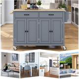 Kitchen Island Cart with Solid Wood Top and Locking Wheels, 4 Door Cabinet and Two Drawers, Spice Rack, Towel Rack