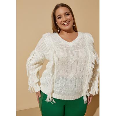 Plus Size Fringed Cable Knit Sweater