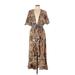 America & Beyond Casual Dress - Midi V Neck Short sleeves: Tan Leopard Print Dresses - Women's Size Large