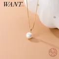 WANTME Genuine 925 Sterling Silver Box Link Chain Geometric Baroque Pearl Charms Pendant Necklace