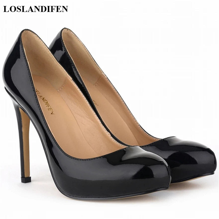 New Platform Concise Lady Office Shoes Patent Leather Round Toe High Heels Shoe Black Red Shallow Wedding Party Women Pumps