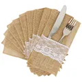 OurWarm 4 x 8 Inch Natural Burlap Lace Utensil Cutlery Holders Pouch Bags 10 Pack Knifes Forks
