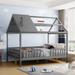 Full Size Wood House Bed with Fence-Shaped Guardrails, Roof and Chimney for Kids Teens, Space-Saving, Grey