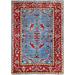 Shahbanu Rugs Denim Blue and Salsa Red Hand Knotted Afghan Serapi Heriz Design Densely Woven Natural Wool Mat Rug (2'x2'10")