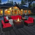 Gymax 7PCS Rattan Patio Sectional Furniture Set w/ 30 Fire Pit Table & Red Cushion