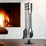 5 Pcs Fireplace Tools Sets Black Handle Wrought Iron Large Fire Tool Set And Holder Outdoor Fireset Stand Rustic Antique