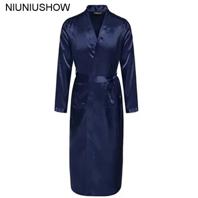 Marineblaue chinesische Männer Seide Rayon Robe Sommer Casual Nachtwäsche V-Ausschnitt Kimono Yukata Badekleid Größe S M L XL XXL Image