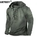Men's Summer Tactical Long-sleeved T-shirt Outdoor Retro Lace-up Hooded Cool Top Plus Size Solid