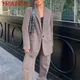 TRAF Woman Fashion 2023 Autumn Brown Office Lady Woman Suits Loose V Neck Blazer+High Waist Long Leg