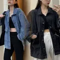 Women Jacket Washed Denim Single-breasted Cardigan Buttons Keep Warm Long Sleeves Turn-down Collar