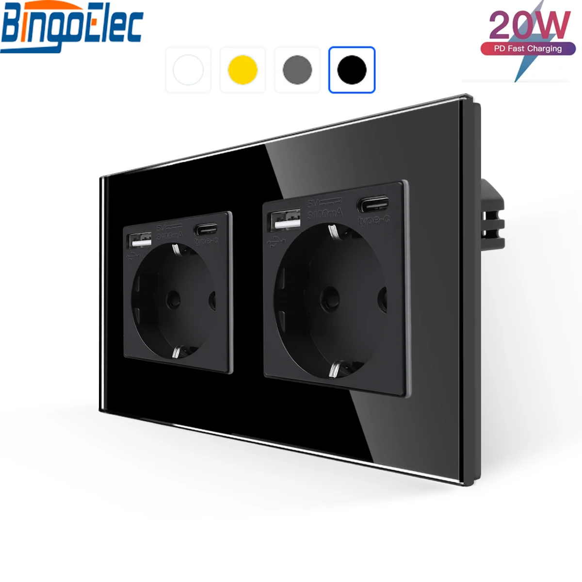 Bingoelec EU-Steckdose, Steckdosen mit USB Typ C, Telefon-Schnellladegerät, 3,1 A, 20 W, Wand-Schuko-Kristallglas-Panel Image