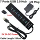 3IN1 120CM 7 Ports USB 3.0 Hub Splitter High Speed Multi Adapter Expander Cable +5V 2A AC DC POWER +