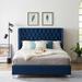 Blue Wingback Bed Queen Platform Wood Slat Support Bed Frame with Metal Support Feet Square Arm Tufted Button Nailhead Headboard