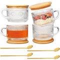 BELLE VOUS 4 Pack of Clear Vintage Glass Coffee Mugs with Bamboo Lids & Spoons - 450ml/16oz - Glass Cups with Handles for Coffee, Latte, Cappuccino, Tea, Overnight Oats & More - Mug Gift Set