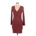 Pull&Bear Casual Dress - Bodycon V Neck 3/4 sleeves: Burgundy Print Dresses - Women's Size Large