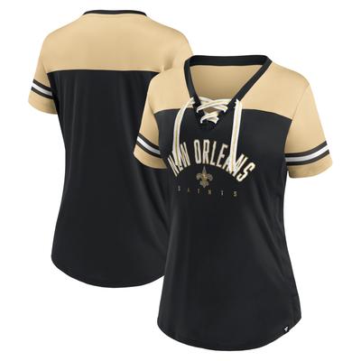 Damen – New Orleans Saints Blitz & Glam Fanatics – Schwarzes/Vegas-Gold-Jersey-T-Shirt mit V-Ausschnitt und Schnürung Image