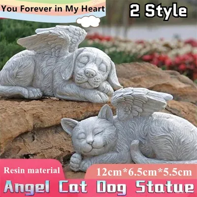 Angel Pet Statue Dog Cat with Wing Grave Marker Figurine Resin Craft Ornament Backyard Home Garden
