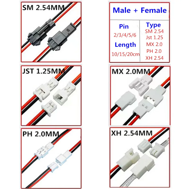 JST 1.25 Maschio Femmina Connettore del Cavo PH2.0/MX2.0/SM2.54/XH2.54 Passo 1.25/2.0/2.54mm 2P 3P 4P 5P 6P JST Spina Martinetti Cavo Terminale