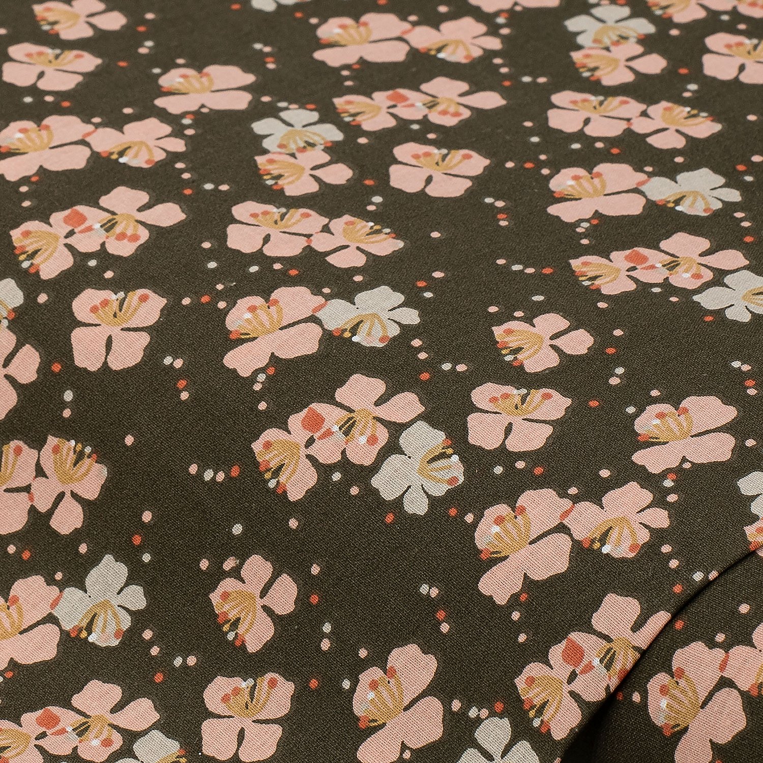 Tissu coton "petites fleurs", vert olive/rose