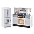 COSTWAY Kids Play Kitchen, 2-Piece Wooden Pretend Cooking and Refrigerator Playset with Sink, Realistic Light & Sound, Accessory Utensils, Children's Chef Role Play Set for Boys Girls