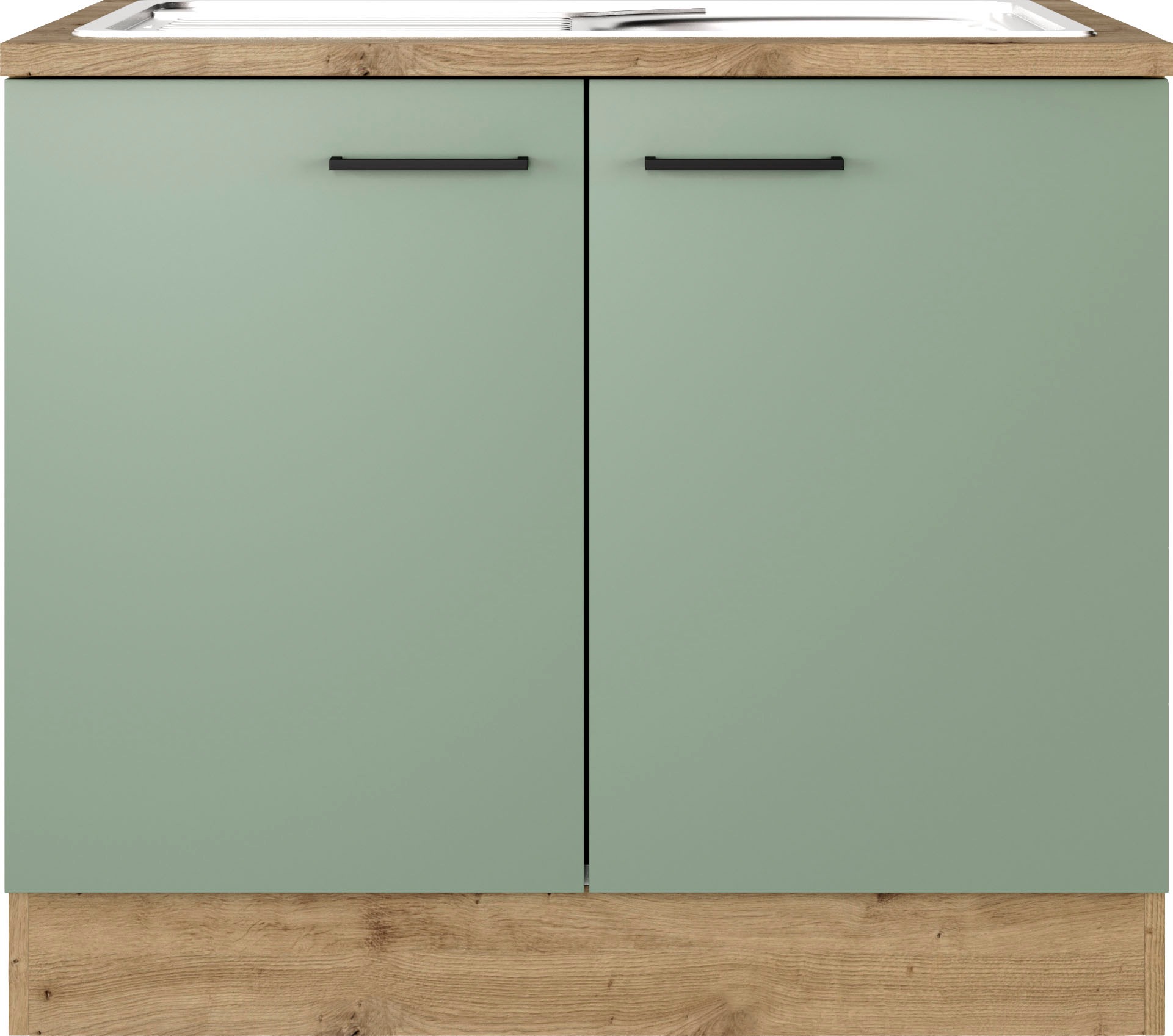 Spülenschrank FLEX-WELL "Cara", grün (schilfgrün, artisan eiche), B:100cm H:85cm T:60cm, Holzwerkstoff, Schränke, (B x H x T) 100 x 85 x 60 cm, inkl. Edelstahl-Einbauspüle Image