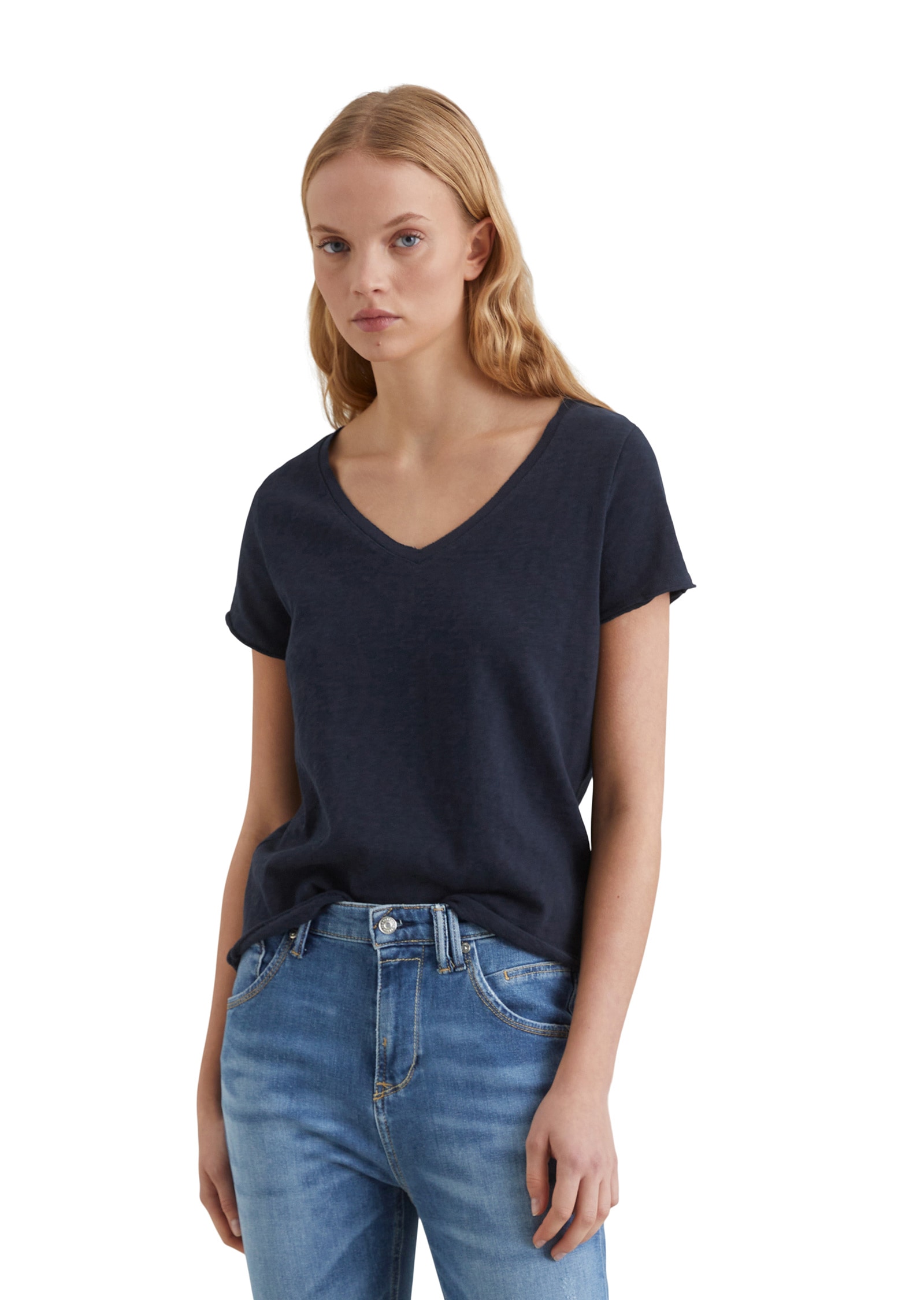 T-Shirt MARC O'POLO DENIM "aus Organic Cotton Slub Jersey", Damen, Gr. XXS, blau (scandinavian blau), Obermaterial: 100% Baumwolle, unifarben, Basic, regular fit, V-Ausschnitt, Shirts T-Shirt