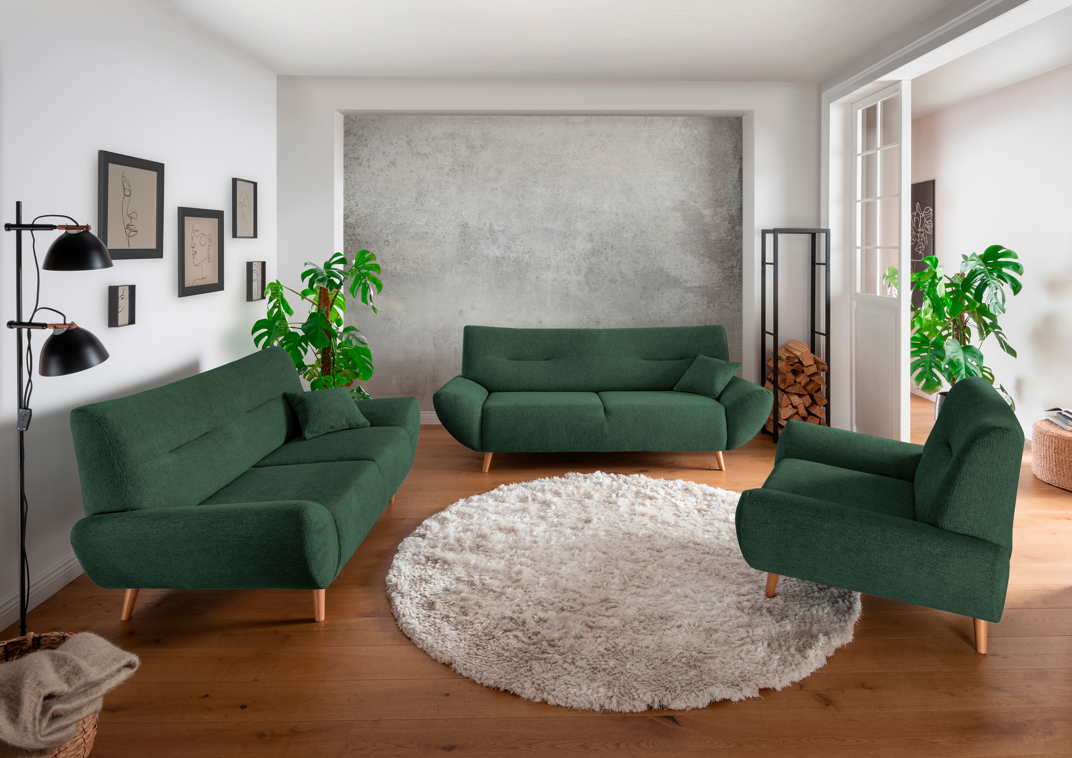 Polstergarnitur INOSIGN "Drago elegant und zeitlos, komfortabel, moderne Formensprache", grün (moosgrün,), H:81cm T:90cm, 100% Polyester, Sitzmöbel-Sets, als Sessel/Polsterecke erhältlich, versch. Stoffe, inkl. 2 Zierkissen